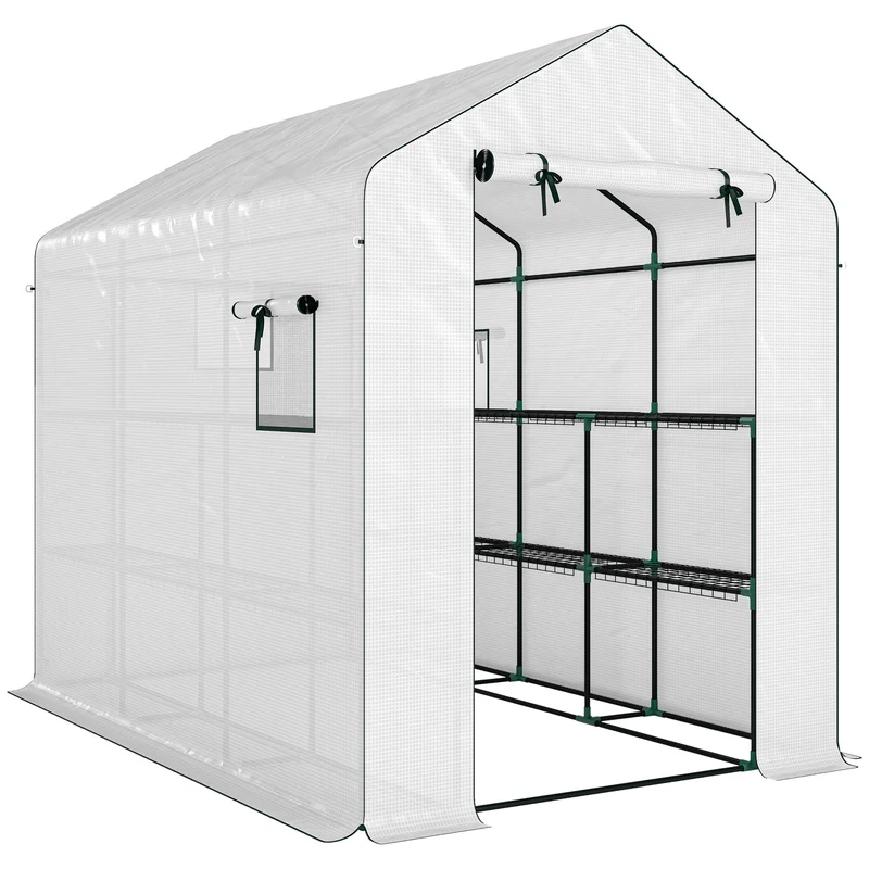 Serre de jardin 143 x 215 x 190 cm étagères latérales ventilation porte enroulable moderne épuré en polyéthylène blanc 21_0004337