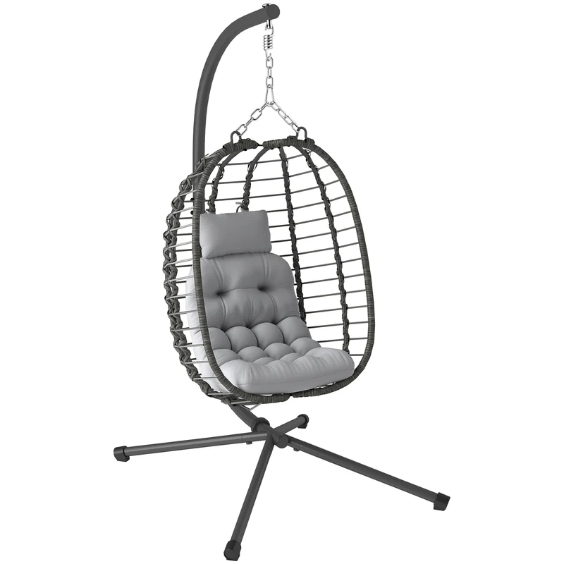 Fauteuil suspendu pliable forme panier 93 x 60 x 110 cm hauteur réglable coussin moelleux moderne en résine tressée gris 21_0006079