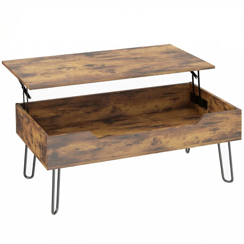 Table basse rectangulaire salon relevable 95 x 50 x 40 cm rangement caché hauteur réglable industriel épuré en MDF marron 21_0003663