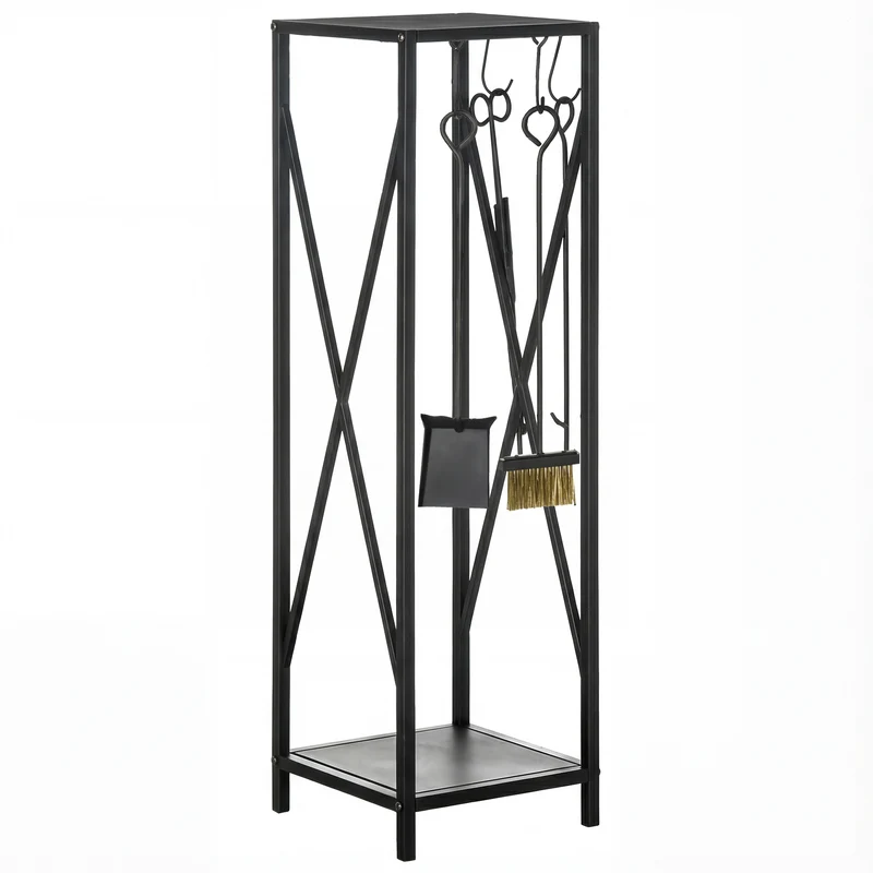Porte-bûches colonne pour cheminée 34 x 34 x 111 cm étagère intégrée rangement accessoires design épuré en métal noir 21_0003903