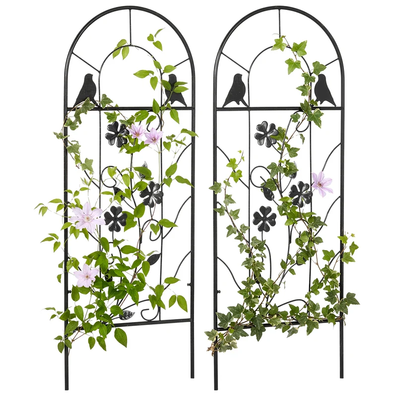 Lot de 2 treillis de jardin pour plantes grimpantes 38 x 98 cm motifs trèfle et oiseau résistant décoratif en métal noir 21_0004319