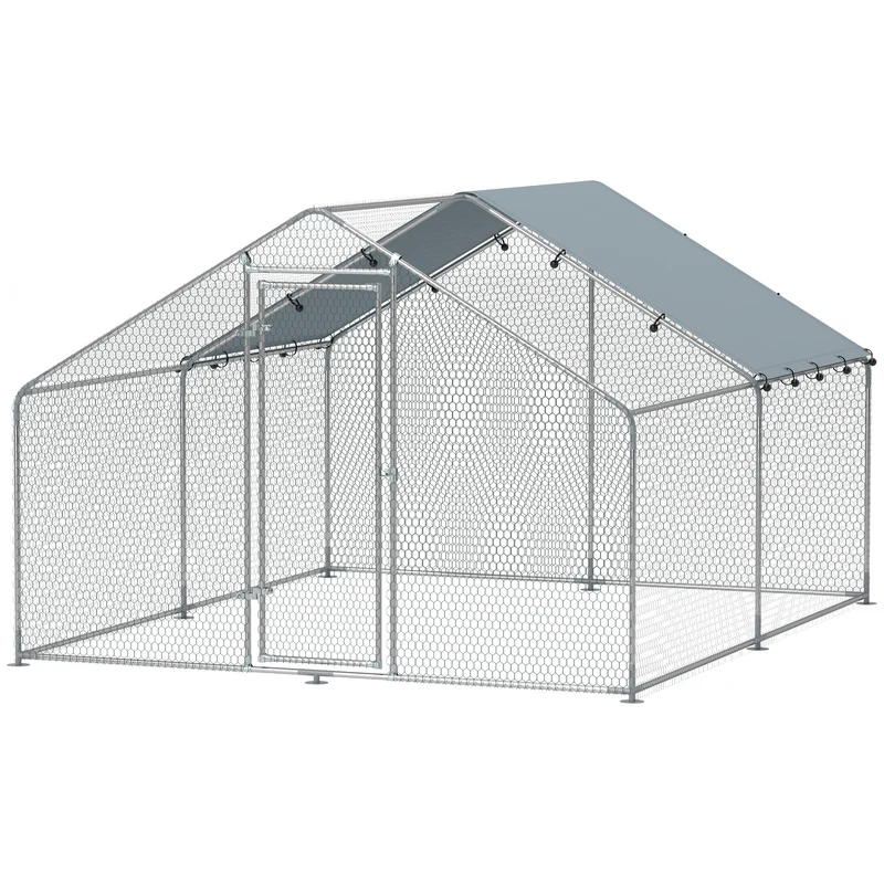 Enclos poules extérieur 300 x 340 x 190 cm pour 10-15 poules porte avec verrou anti uv design industriel en acier argent 21_0007991