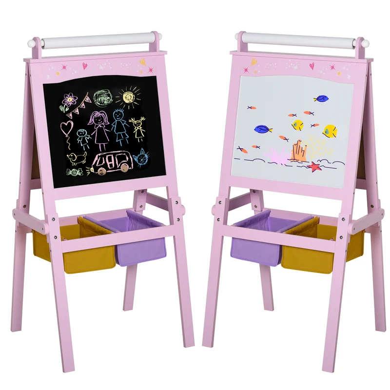 Tableau chevalet enfant 58,5 x 50,5 x 118 cm 3 en 1 2 paniers rangement design scandinave ambiance cosy en MDF rose 21_0000700