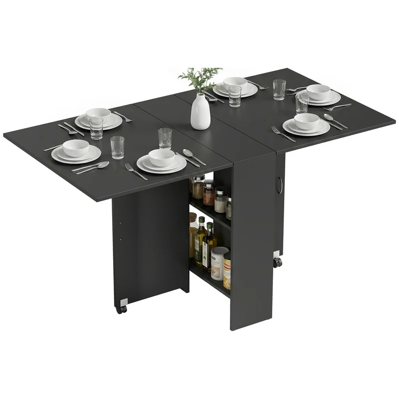 Table pliante pratique cuisine 75 x 140 x 74 cm gain de place 2 étagères moderne élégant en panneau de particules noir 21_0002271