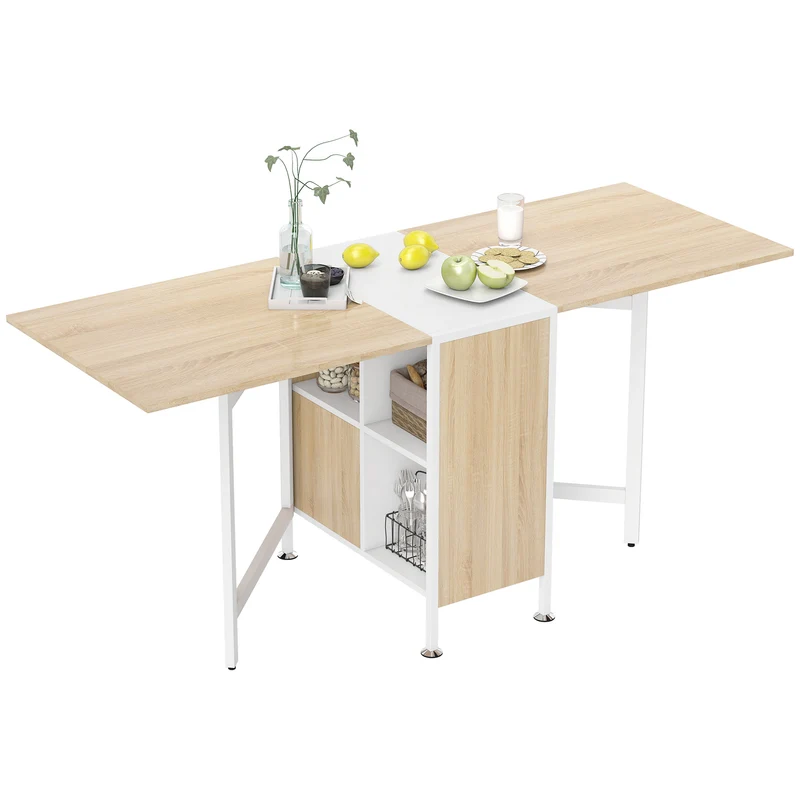 Table pliante pour 4 personnes 169 x 62 x 75 cm gain de place rangements intégrés contemporain épuré en MDF chêne clair 21_0001721