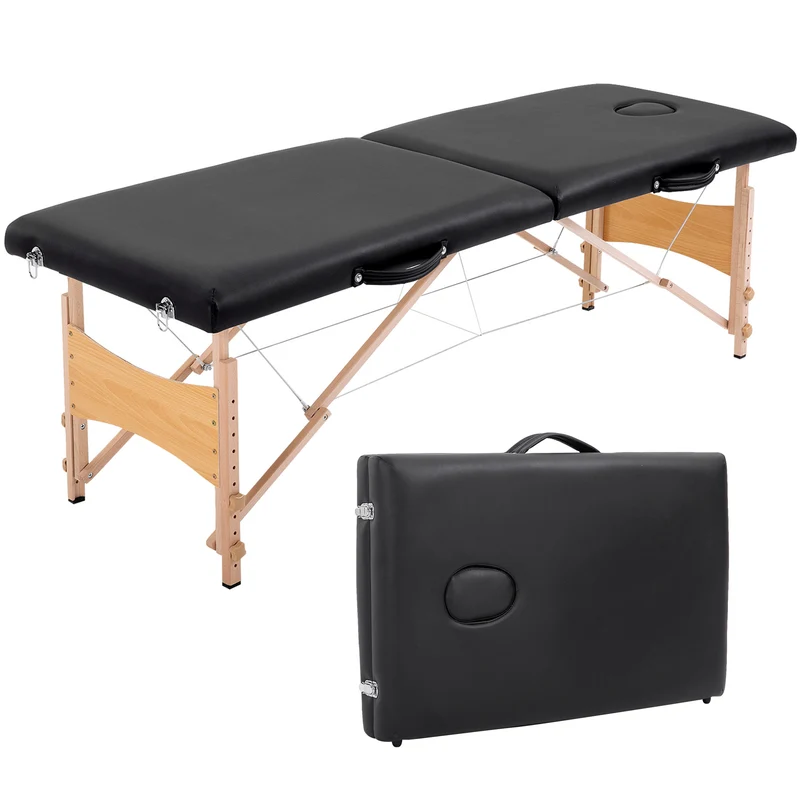 Table de massage pliante 186 x 60 x 61-87 cm hauteur réglable oreiller facial amovible léger moderne épuré en PVC noir 21_0000770