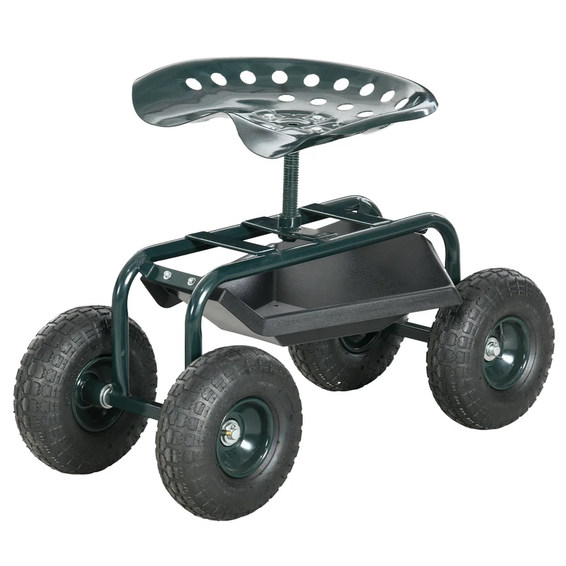Siège de jardin roulant 83 x 36.5 x 45-60 cm pivotant 360 degrés assise réglable tout-terrain stable en acier vert foncé 21_0005459