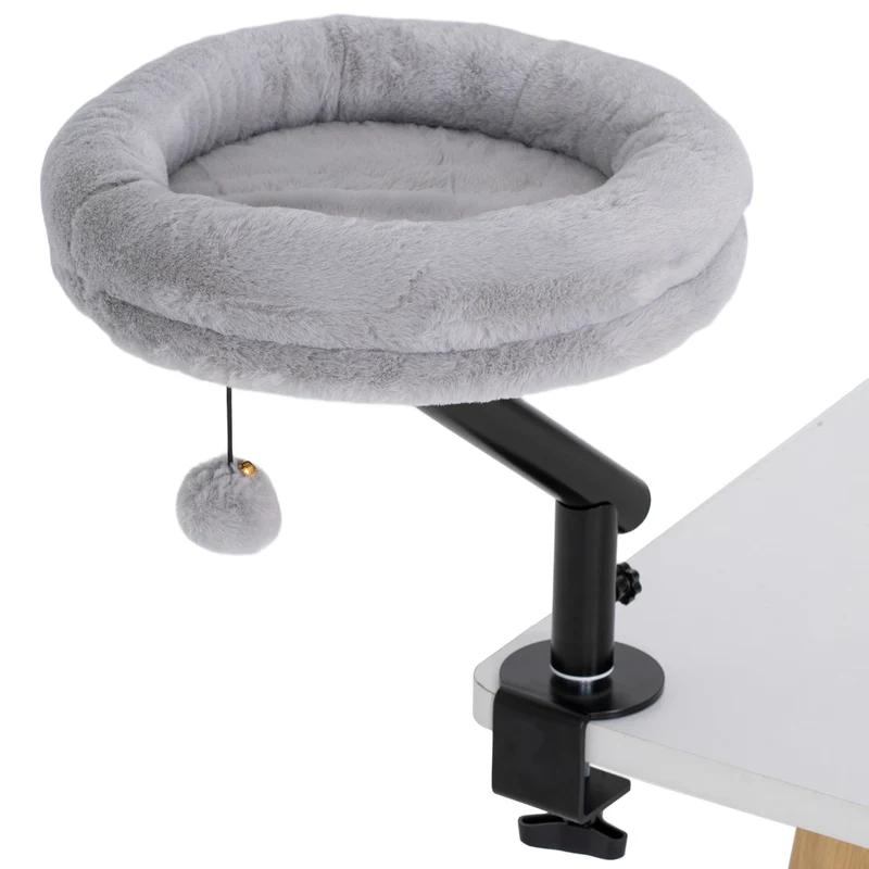 Lit de bureau pour chat 35 x 35 x 48 cm rotation 360° hauteur réglable fixation sans perçage moderne en peluche gris 21_0007754