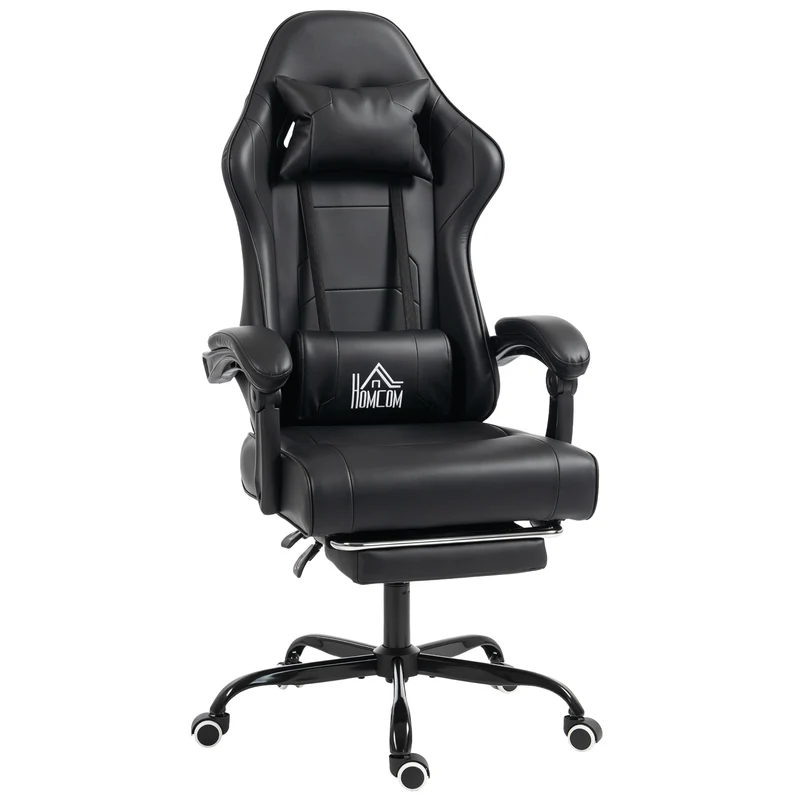 Chaise de jeu ergonomique inclinable 63 x 66 x 126-134 cm massage lombaire repose-pieds contemporain en synthétique noir 21_0006341