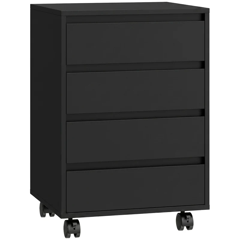 Caisson de bureau sur roulettes 4 tiroirs coulissants 46 x 40 x 65 cm grand rangement mobilité freins moderne en MDF noir 21_0002465