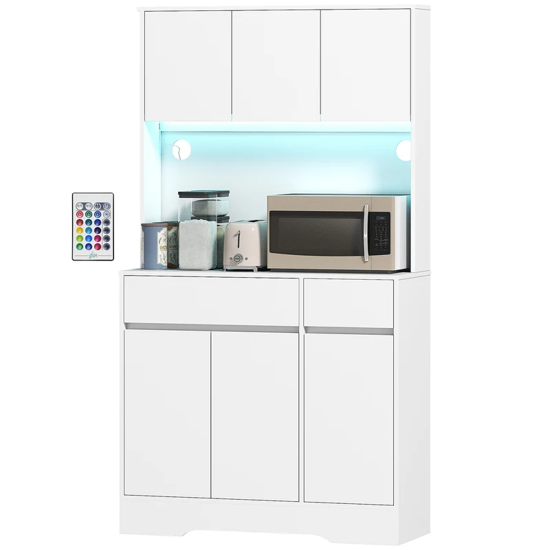 Buffet de cuisine 100 x 38 x 180 cm rangement très spacieux led rgb design moderne épuré en panneau de particules blanc 21_0003297