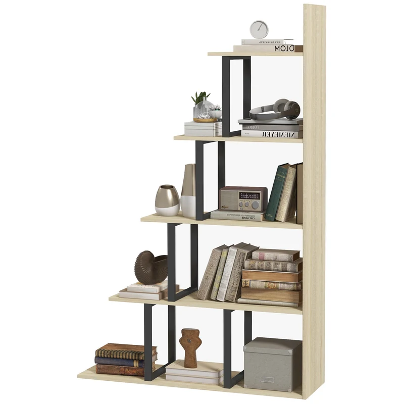 Étagère bibliothèque séparateur de pièce en escalier 102 x 30 x 160 cm rangement modulable cosy industriel en MDF chêne 21_0002429