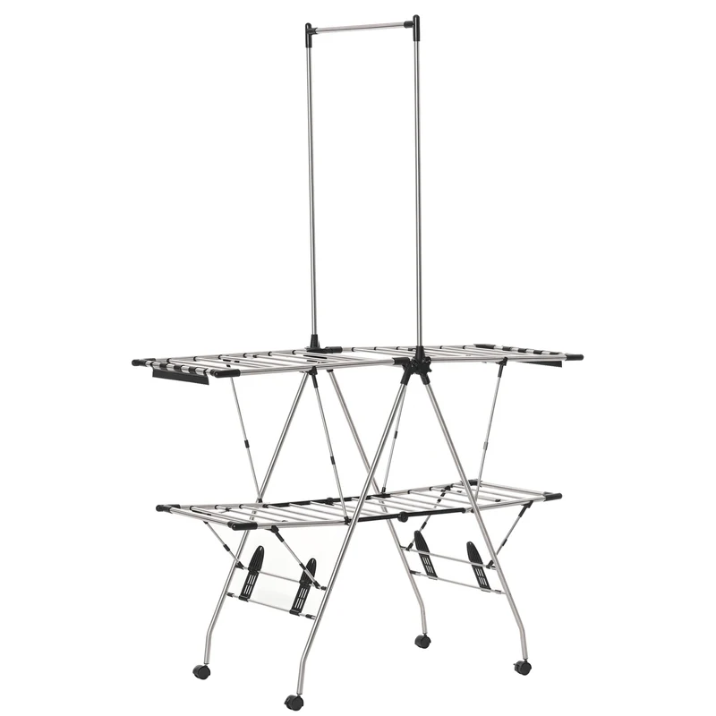 Séchoir à linge pliable sur roulettes espace 138,5 x 63 x 208 cm compact et réglable épuré en acier inoxydable argent 21_0005781