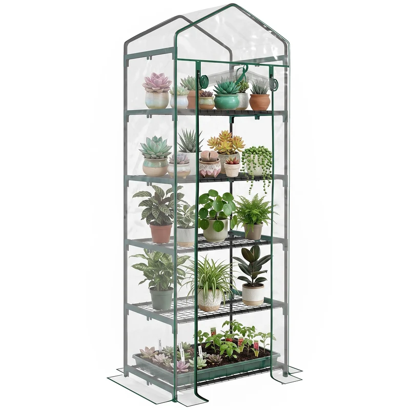 Serre de balcon 69 x 49 x 193 cm 5 étagères porte zippée pour légumes fleurs style moderne épuré en PVC transparent 21_0004165