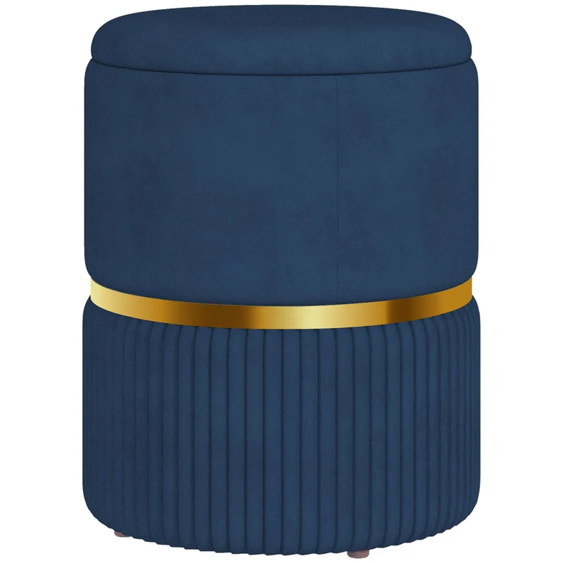 Pouf coffre rond assise d'appoint rangement 36 x 36 x 44 cm pratique design confortable côtelé en velours bleu foncé 21_0002930