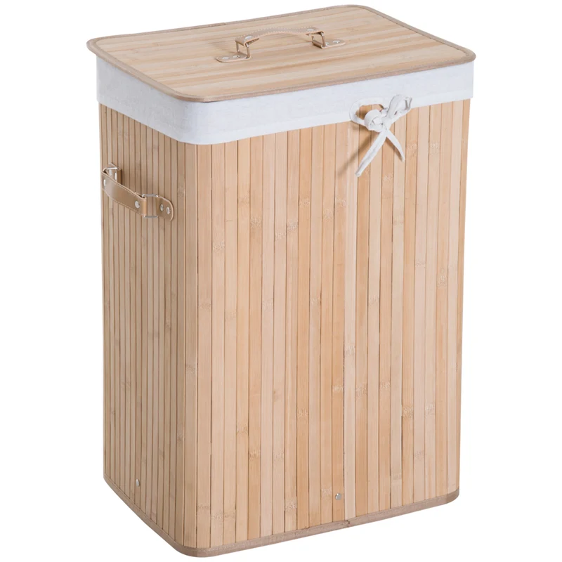 Panier à linge pliable buanderie 40 x 30 x 60 cm sac amovible intérieur lavable 2 poignées style cosy en bambou beige 21_0005777