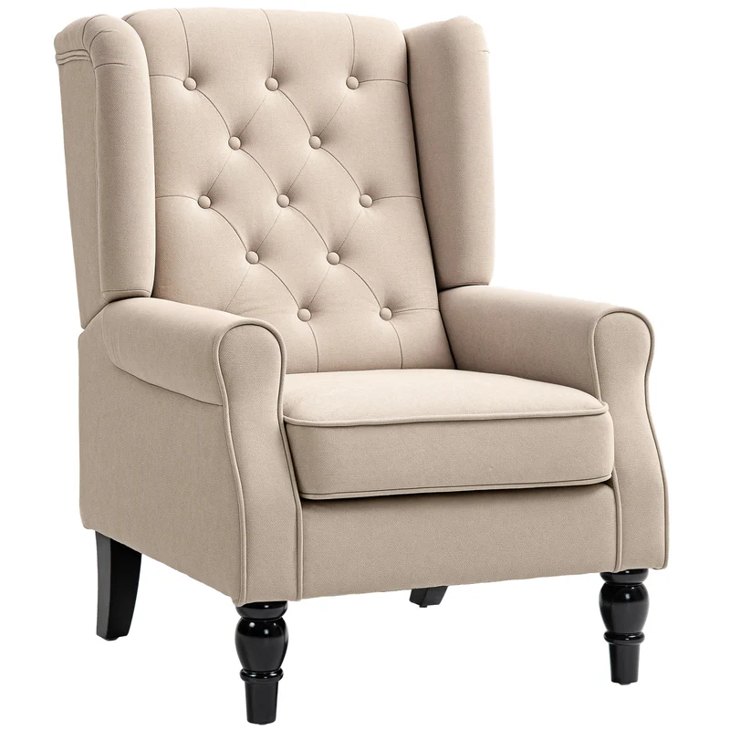 Fauteuil de salon capitonné à oreilles 74 x 87 x 102 cm assise large grand confort style classique en polyester beige 21_0001766