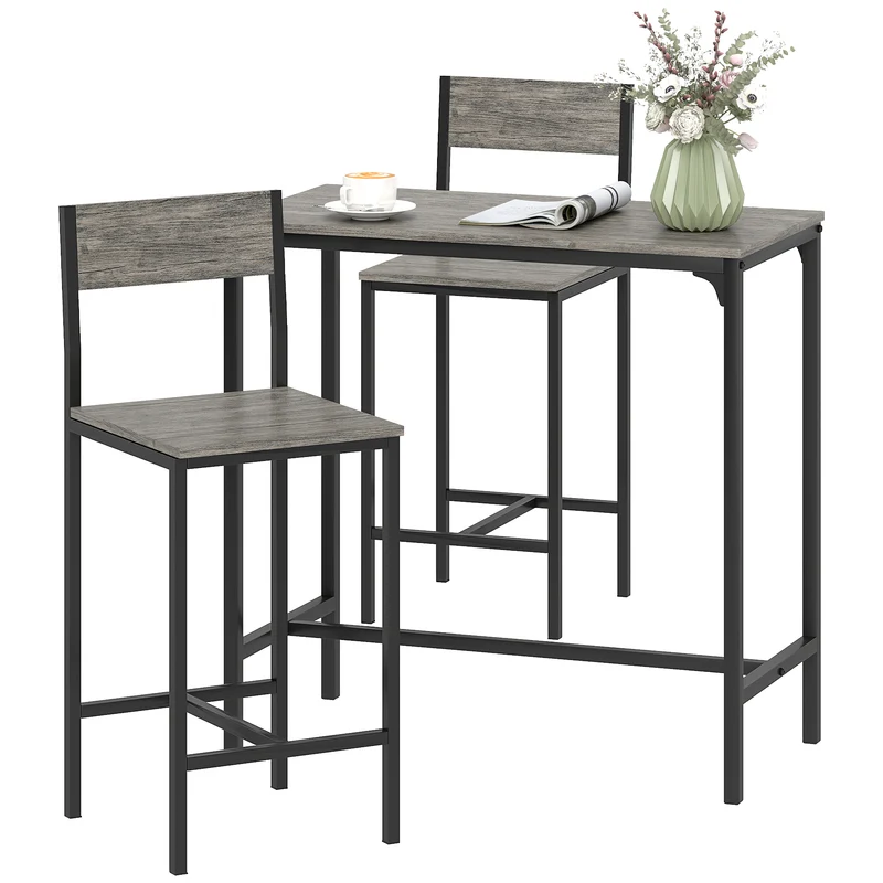 Ensemble table de bar et 2 tabourets 89 x 45 x 87 cm gain de place dossier ergonomique industriel en métal gris foncé 21_0002174