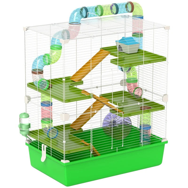 Cage pour hamsters et rongeurs 5 niveaux 59 x 36 x 69 cm avec tunnels et entretien facile moderne épuré en acier vert 21_0007929