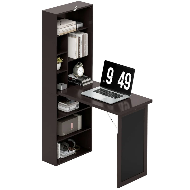 Bureau mural pliable 98 x 51 x 153 cm bibliothèque gain de place pour petits espaces cuisine moderne épuré en MDF marron 21_0002450