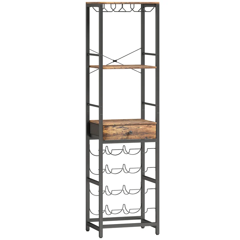 Casier à bouteilles 40 x 30 x 148 cm 12 bouteilles tiroir porte verres industriel en bois d'ingénierie brun rustique 21_0001065