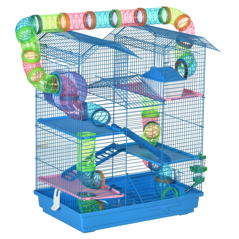 Cage pour petits rongeurs habitat jeu 47 x 30 x 59 cm accessoires 2 étages roue escalier style contemporain en métal bleu 21_0007907
