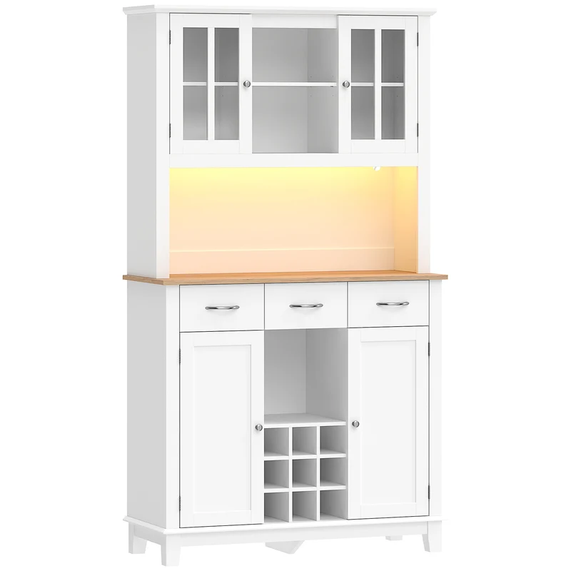 Buffet haut de cuisine 100 x 39,5 x 180 cm rangement porte-bouteilles éclairage led multicolore design en MDF blanc 21_0003396