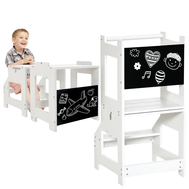 Tour d'apprentissage 3 en 1 42 x 44 x 86 cm tableau noir éducatif barre de sécurité style scandinave épuré en MDF blanc 21_0000190