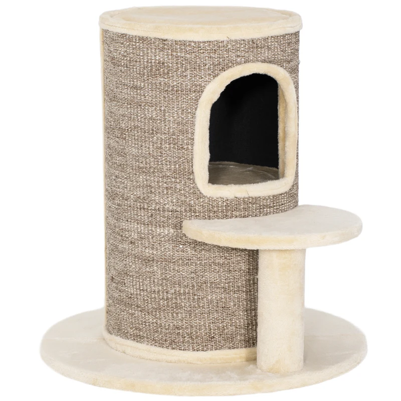 Tonneau griffoir pour chat 60 x 60 x 61 cm double refuge grattable plate-forme perchoir moderne épuré en sisal beige 21_0007746