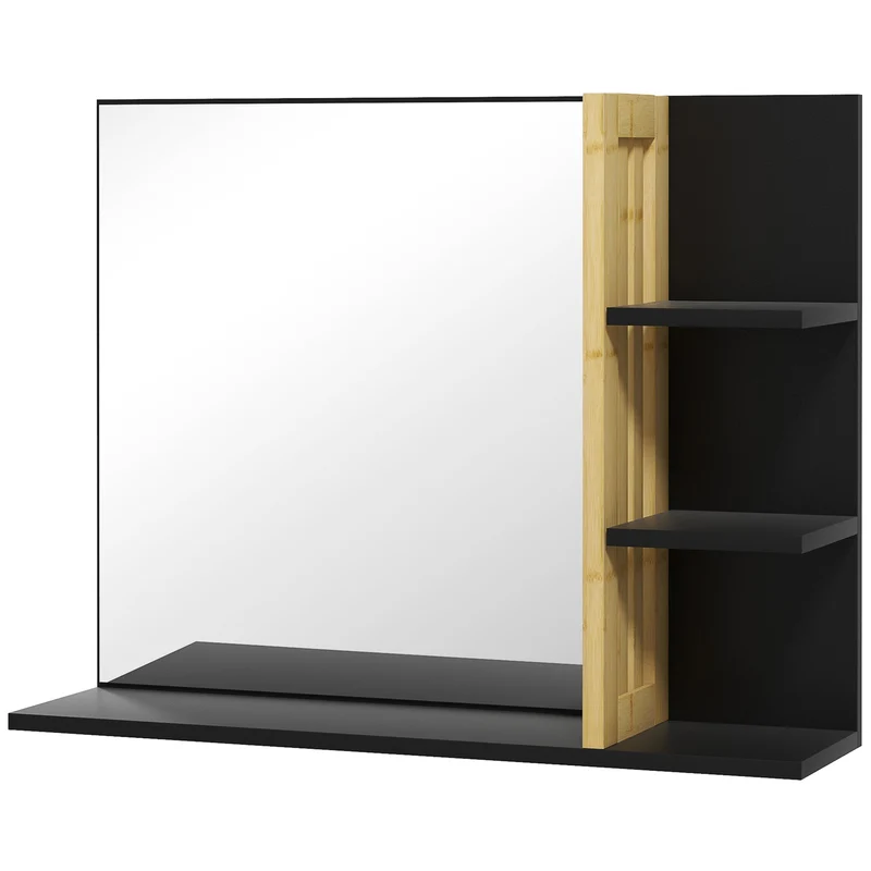 Miroir mural salle de bain 45 x 15 x 58,5 cm 3 étagères de rangement gain de place design scandinave en bambou noir 21_0002014