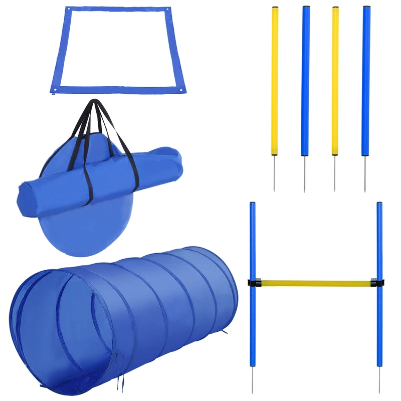 Kit d'agilité pour chiens parcours complet 148 x 60 x 60 cm hauteur réglable endurance scandinave extérieur en PP bleu 21_0007511