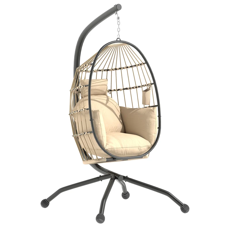 Fauteuil oeuf suspendu 120 x 88 x 192 cm coussin 20 cm porte-gobelet panier pliant assise cosy scandinave en PP kaki 21_0004528