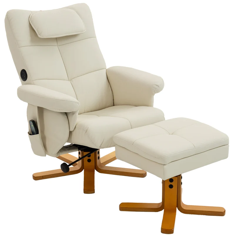 Fauteuil massant inclinable et repose-pied 78 x 86 x 93 cm rangement massage 6 points contemporain en synthétique crème 21_0000828