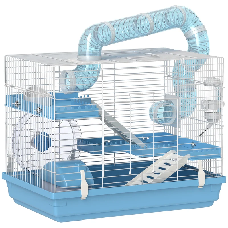 Cage pour hamster transportable 3 niveaux 47,5 x 31,5 x 29,5 cm avec roue et hutte moderne épuré en acier bleu clair 21_0008008