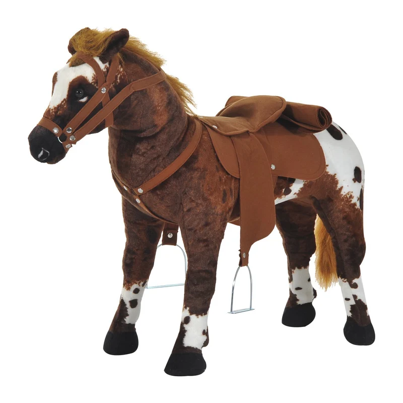 Cheval en peluche debout enfant 85 x 28 x 60 cm sons hennissement galop selle et rênes style rustique en peluche marron 21_0000274