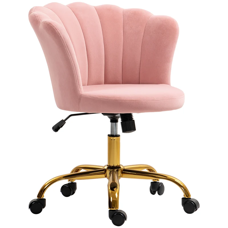 Chaise de bureau forme pétale 69 x 64 x 80-90 cm assise réglable et bascule style moderne scandinave en velours rose 21_0006266