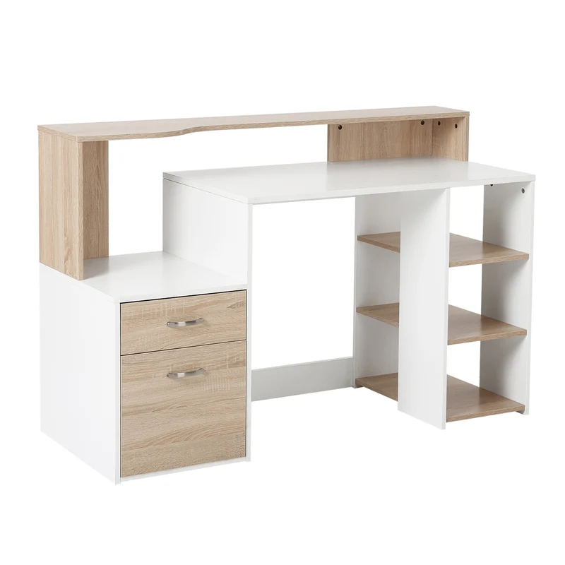 Bureau informatique rangement 137 x 55 x 92 cm grand plateau 2 tiroirs étagères ouvertes style moderne cosy en MDF chêne 21_0006122