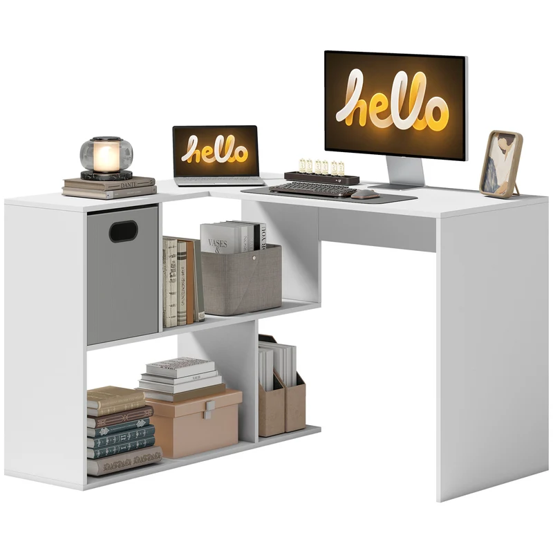 Bureau d'angle 110 x 100 x 75 cm gain de place tiroir fermé compartiments modulables épuré en panneau de particules blanc 21_0006142