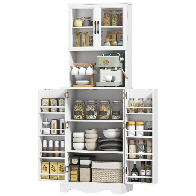 Buffet haut cuisine 60 x 39,5 x 179,6 cm rangement réglable coin café avec passe câbles moderne et épuré en MDF blanc 21_0003350