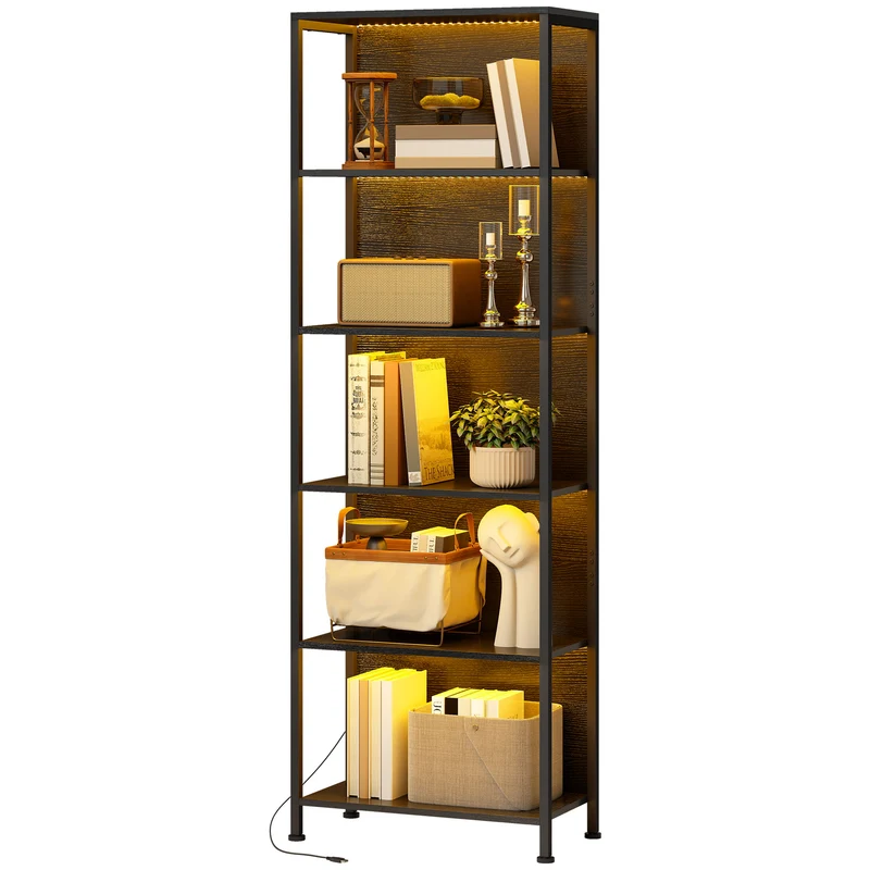 Bibliothèque 5 niveaux 60 x 30 x 179 cm éclairage led 7 couleurs gain de place industriel anti basculement en acier noir 21_0002568