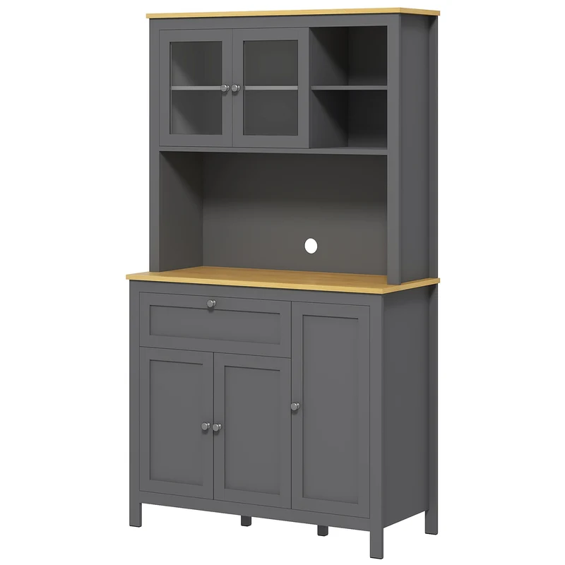 Armoire de cuisine buffet 5 portes 2 vitrées 1 tiroir 100 x 40 x 180 cm étagères réglables pratique moderne en MDF gris 21_0003191