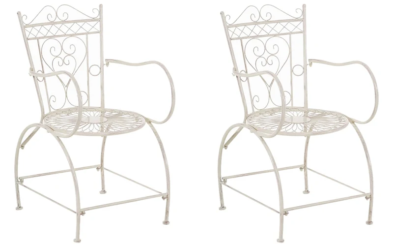 Lot de 2 chaises de jardin avec accoudoirs balcon terrasse design rustique en métal crème vieilli 10_0002870