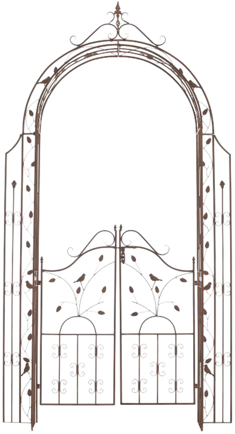 Arche de jardin arcade à rosiers avec portillon décoration jardin 235x100 cm en métal marron vieilli 10_0003934