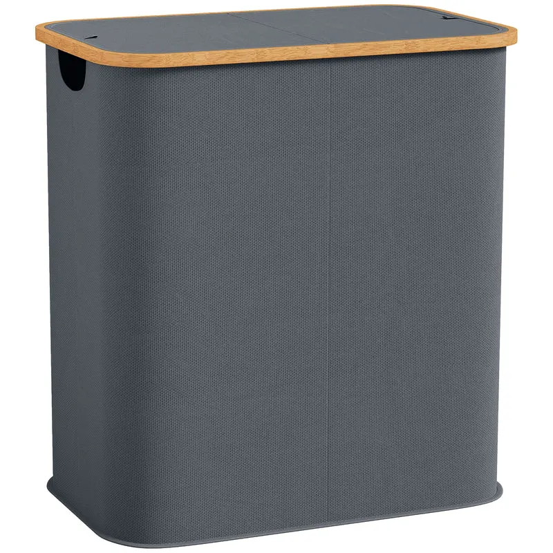 Panier à linge double pliable maison 54 x 34 x 58.5 cm 80 l deux compartiments anti odeurs contemporain en bambou gris 21_0005868