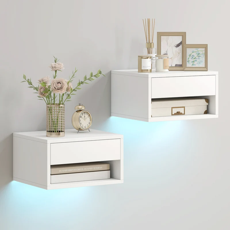 Lot de 2 tables de chevet suspendues 37 x 32 x 21 cm led réglable tiroir étagère moderne en panneau de particules blanc 21_0003764