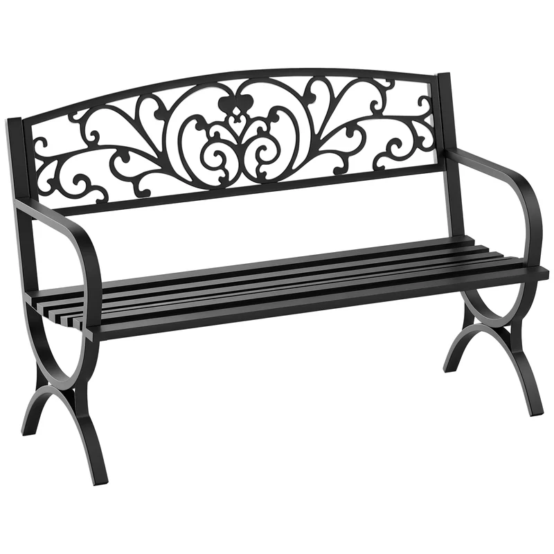 Banc de jardin terrasse extérieur 2 places 127 x 60 x 85 cm confortable accoudoirs arrondis design épuré en métal noir 21_0004554
