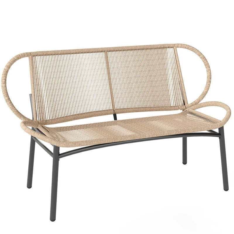Banc de jardin 2 places 138 x 62 x 83 cm assise large dossier confortable scandinave en résine tressée bois naturel 21_0006087