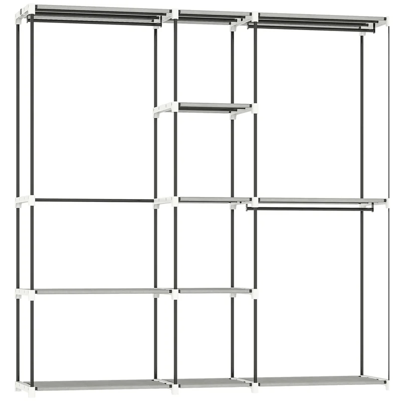 Armoire penderie 182 x 43 x 185 cm gain de place 8 étagères 3 tringles moderne chambre aéré épuré en acier gris clair 21_0005892