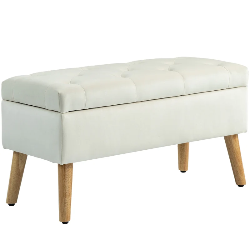 Banc de rangement coffre pouf chambre 80 x 35 x 42 cm assise rembourrée capitonné style scandinave en velours crème 21_0002953