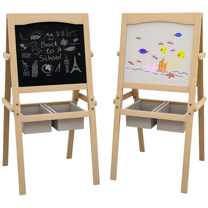 Tableau chevalet enfant 3 en 1 ardoise rouleau papier 58 x 50,5 x 109 cm paniers éducatif moderne stable en MDF naturel 21_0000702